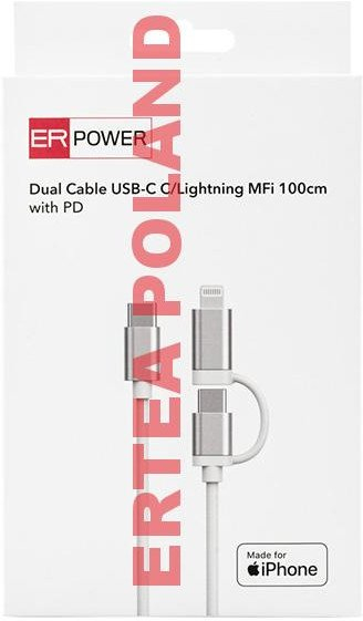 Kabllo karikimi ER POWER Dual USB-C në Lightning, 100cm, MFi, e bardhë