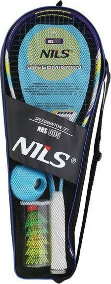 Set raketa speedminton NILS NRS001, 2 raketa, 3 volantë, blu