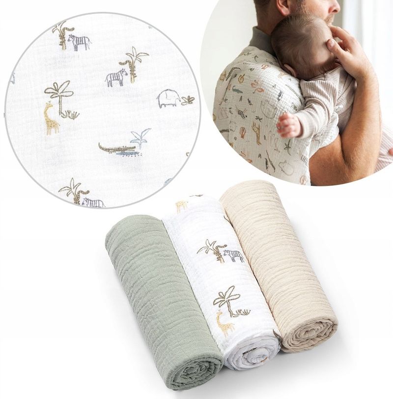 Pelenë muslini BabyOno 828/04, set 3 copë, 70 x 70 cm, jeshile me printe