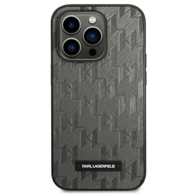 Kapak telefoni Karl Lagerfeld Saffiano Mono Metal Logo, për iPhone 14 Pro Max 6.7", gri