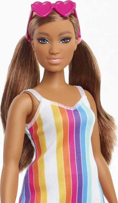 Kukull Barbie Loves the Ocean Rainbow, fustan me vija shumëngjyrëshe, syze zemre rozë