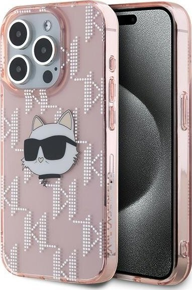 Mbrojtëse telefoni Karl Lagerfeld IML Choupette Head &amp; Monogram për iPhone 15 Pro, e tejdukshme, rozë