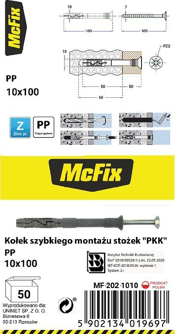 Dopë murale McFix PKK, 10x100 mm, plastike me gozhdë çeliku, gri