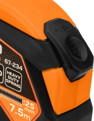 Metër çeliku Neo Tools 67-234, 7.5 m x 25 mm, bllokim automatik, portokalli e zezë