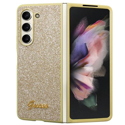 Kapak telefoni Guess Glitter Flakes për Samsung Galaxy Z Fold5, plastikë dhe TPU, logo metal, ngjyrë gold