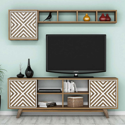 Mobilje TV Fayetteville, set muri për TV deri 60", dru walnut, detaje të bardha