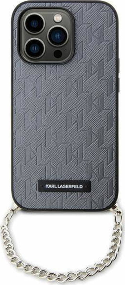 Futrollë telefoni Karl Lagerfeld KLHCP14SSACKLHPG për iPhone 14, hardcase Saffiano, me zinxhir, argjendtë