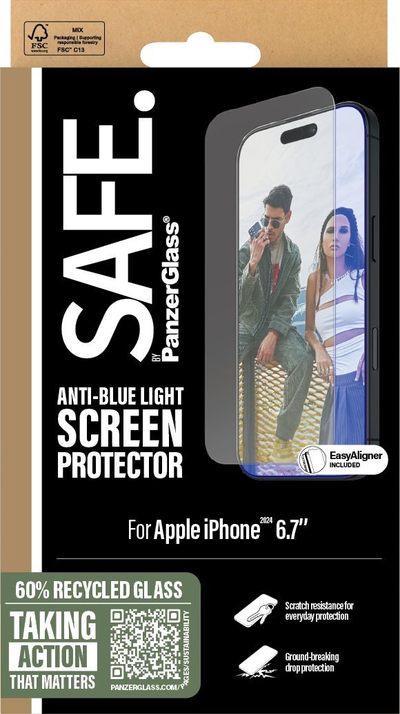 Xham mbrojtës SAFE by PanzerGlass Anti-Blue Light për iPhone 16 Plus / 15 Plus, 6.7\", transparent