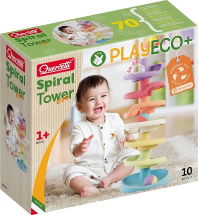 Игра за градење Quercetti PlayEco+ Spiral Tower Evo, 10 делови, со топчиња и звуци, повеќебојна
