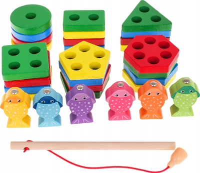 Lodër edukative druri QIYI 2 në 1, puzzle me forma, lojë peshkimi magnetik, shumëngjyrëshe