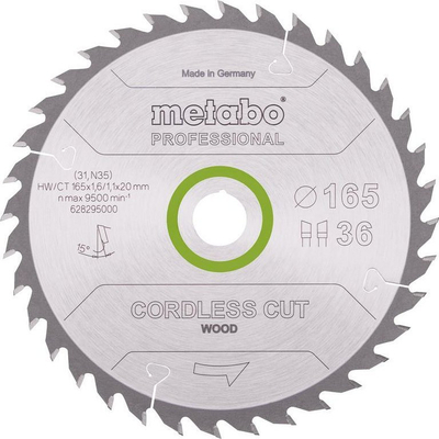 Teh rrethor Metabo Cordless Cut Wood 628295000, 165mm, 36 dhëmbë, ngjyrë argjendtë