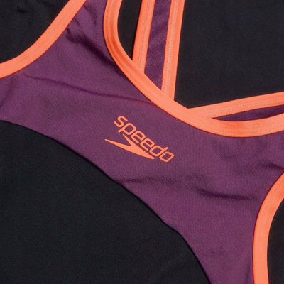 Rroba banje njëpjesëshe Speedo High Neck Cross Back, për femra, Endurance+ MAX, e zezë vjollcë portokalli