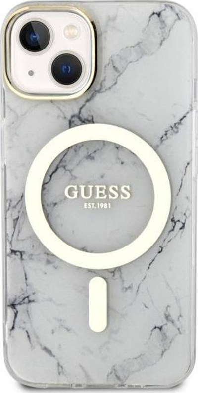 Mbulesë telefoni Guess Marble MagSafe për iPhone 14, PC TPU, e bardhë