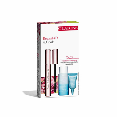 Set Clarins Wonder Perfect Mascara, Maskarë për qerpikë 4D 8 ml + Pastrues dyfazor i grimit të syve 30 ml + Xhel freskues për sytë 5 ml