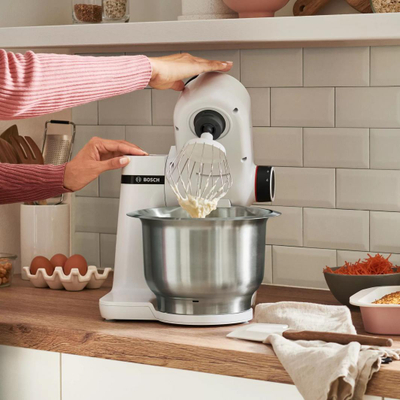 Планетарен миксер Бош MUMS2EW40, инокс сад 3.8L, мултифункционален, бел