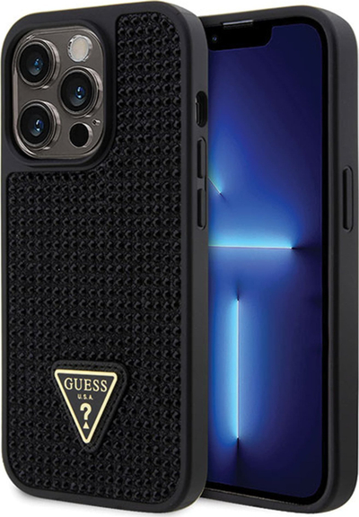 Këllëf telefoni Guess me gurë vezullues, me logo trekëndore, për iPhone 14 Pro, plastike e butë, i zi