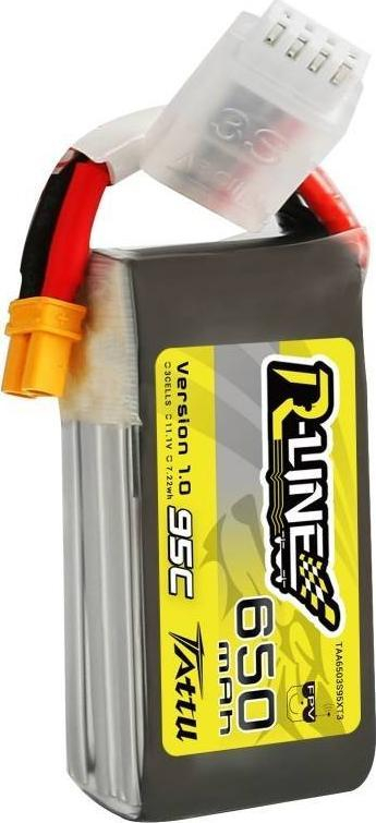 Bateri LiPo Tattu R-Line, 650mAh 11.1V 95C 3S, XT30, e verdhë