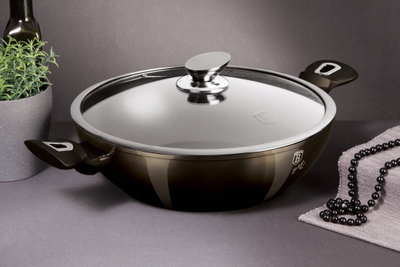 Tigan Wok Shiny Black Edition, 30 cm, sipërfaqe mermeri, me kapak, i zi me shkëlqim