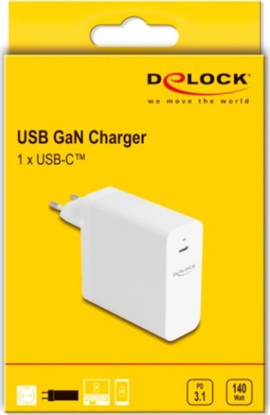 Karikues USB DeLOCK GaN, 1x USB C, 140W, PD 3.1, i bardhë