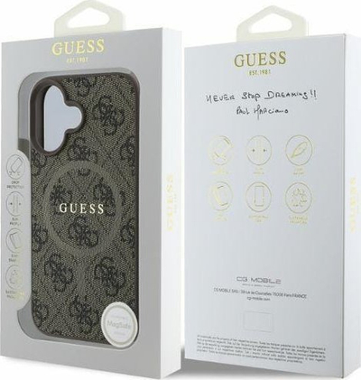 Kapak telefoni Guess 4G Colored Ring, PU lëkurë, MagSafe, për iPhone 16, kafe