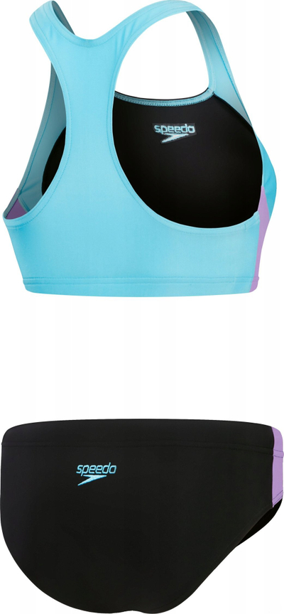 Kostum banje me dy pjesë Speedo Colorblock Splice, për goca, për not, i zi me blu dhe lejla, masa 46