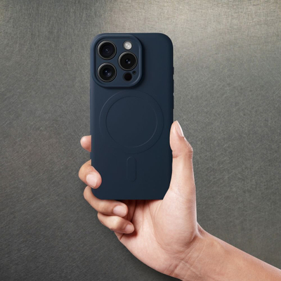Futera silikoni Mag Cover për iPhone 15 Pro, përputhet me MagSafe, mat, blu e errët