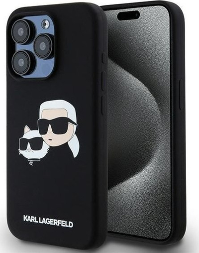 Kapak telefoni Karl Lagerfeld Liquid Silicone Double Heads MagSafe për iPhone 15 Pro, silikon i lëngshëm, me MagSafe, i zi