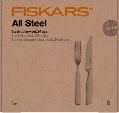 Set takëmesh steak Fiskars All Steel, 24 copë, çelik inox, argjendtë