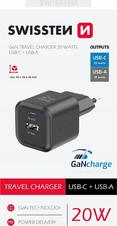 Полнач ѕидeн Swissten Power Adapter GaN, 20W PD, QC 18W, црн