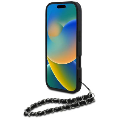 Футрола за телефон Karl Lagerfeld Saffiano Crystals, за iPhone 16 Pro, со ланец, црна