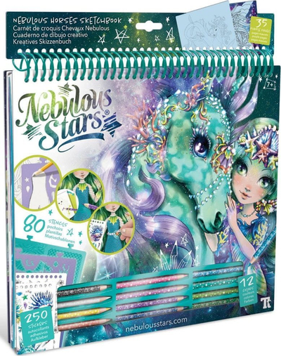 Fletore vizatimi Nebulous Stars Fantasy Horses, me shabllone dhe ngjitëse, për kalamaj