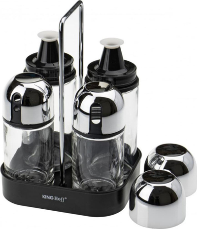 Set për erëza KingHoff KH-1647, raft qelqi, 4 copë, i argjendtë