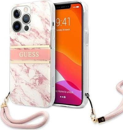 Mbulesë telefoni Guess Marble Stripe për iPhone 13 Pro Max, siliconi, me rrip dore, rozë