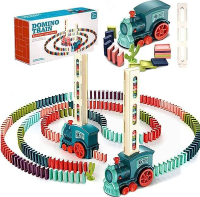 Lodër tren Domino, automatike me 60 domino, me muzikë, blu