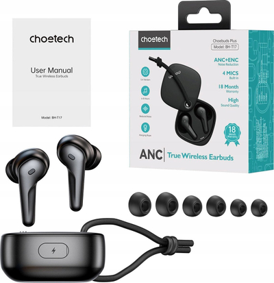 Kufje pa tela Choetech TWS ANC, Bluetooth 5.4, set 2 copë, të zeza