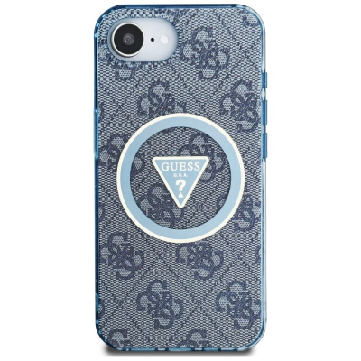 Футрола за телефон Guess IML Metal Glitter 4G Circle Triangle за iPhone 16E, со MagSafe, сина