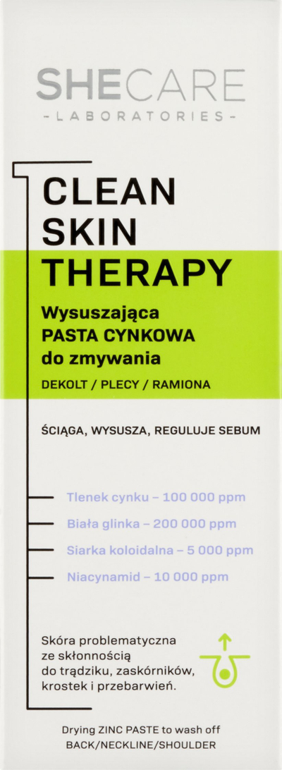 Pasta pastrimi për trupin Shecare Clean Skin Therapy, me zink që than, për akne në shpinë dhe dekolte, 90g