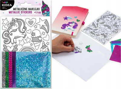 Set kreativ me sticker metalik Derform Unicorn, 5 fletë, shumëngjyrësh