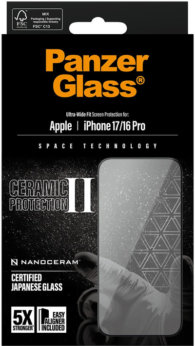 Mbrojtëse ekrani PanzerGlass Ceramic II, për iPhone 17 dhe iPhone 16 Pro, Ultra Wide Fit, transparente