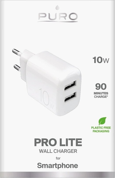 Полнач за ѕид Puro PROLITE, 10W, 2x USB A, бел