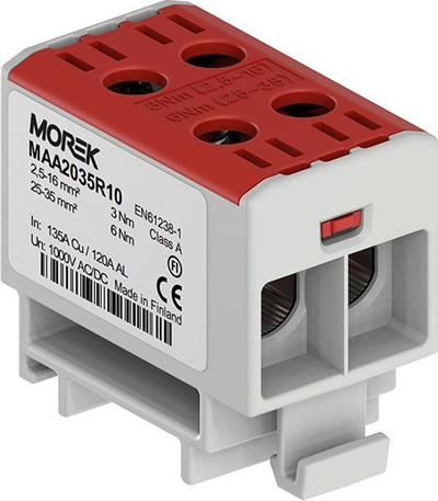 Bllok terminali Morek MAA2035R10, 2x2.5-35mm², për shina DIN, i kuq