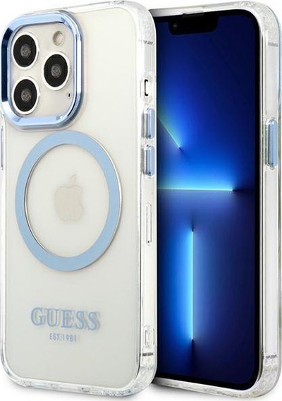 Mbështjellës telefoni Guess GUHMP13LHTRMB, për iPhone 13 6.1" dhe 13 Pro, MagSafe, blu e tejdukshme