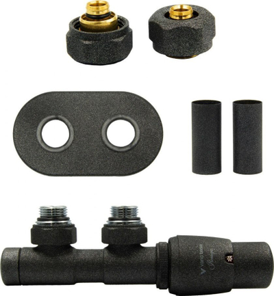 Set valvolash termostatike për radiatorë Vario Term Twins Anthracite Right Pex AiO, hyrje poshtë 50 mm, për tuba PEX 16 mm, ngjyrë antracit