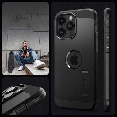 Mbrojtëse telefoni Spigen Tough Armor MagSafe për iPhone 16 Pro Max, me mbajtëse, e zezë