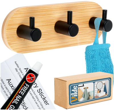 Varesë treshe ngjitëse për peshqirë Crochet Triple Adhesive, metal dhe bambu, ngjyrë natyrale