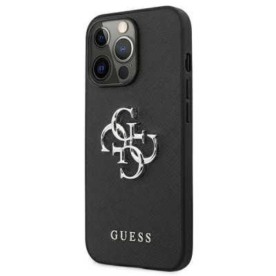 Mbulesë telefoni Guess 4G Metal Logo Saffiano për iPhone 13 Pro, PU, e zezë