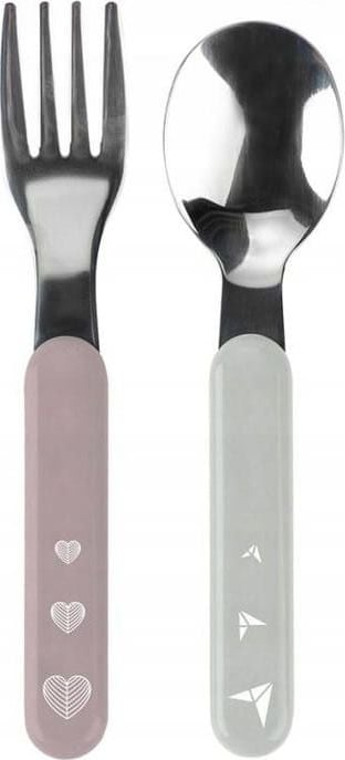 Set lugë dhe pirun për fëmijë BabyOno 1065/02, çelik inox, mbi 12m+, rozë