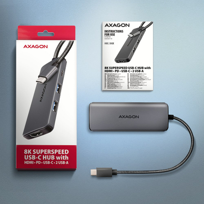 USB hub Axagon HMC-5H8K, 2x USB A, 1x USB C, HDMI 8K, PD 100W, gri