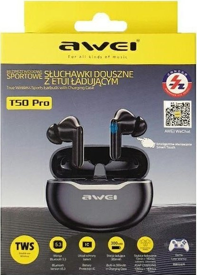 Kufje pa tela Awei T50 Pro TWS, Bluetooth 5.3, me kuti karikimi, të zeza