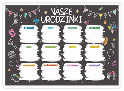 Kalendari i ditëlindjeve LearnHow Chalkboard, format A3, i laminuar, shumëngjyrësh